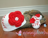 Girls Baseball Crochet Beanie and Booties Set - Newborn through 24 Month Sizes Available