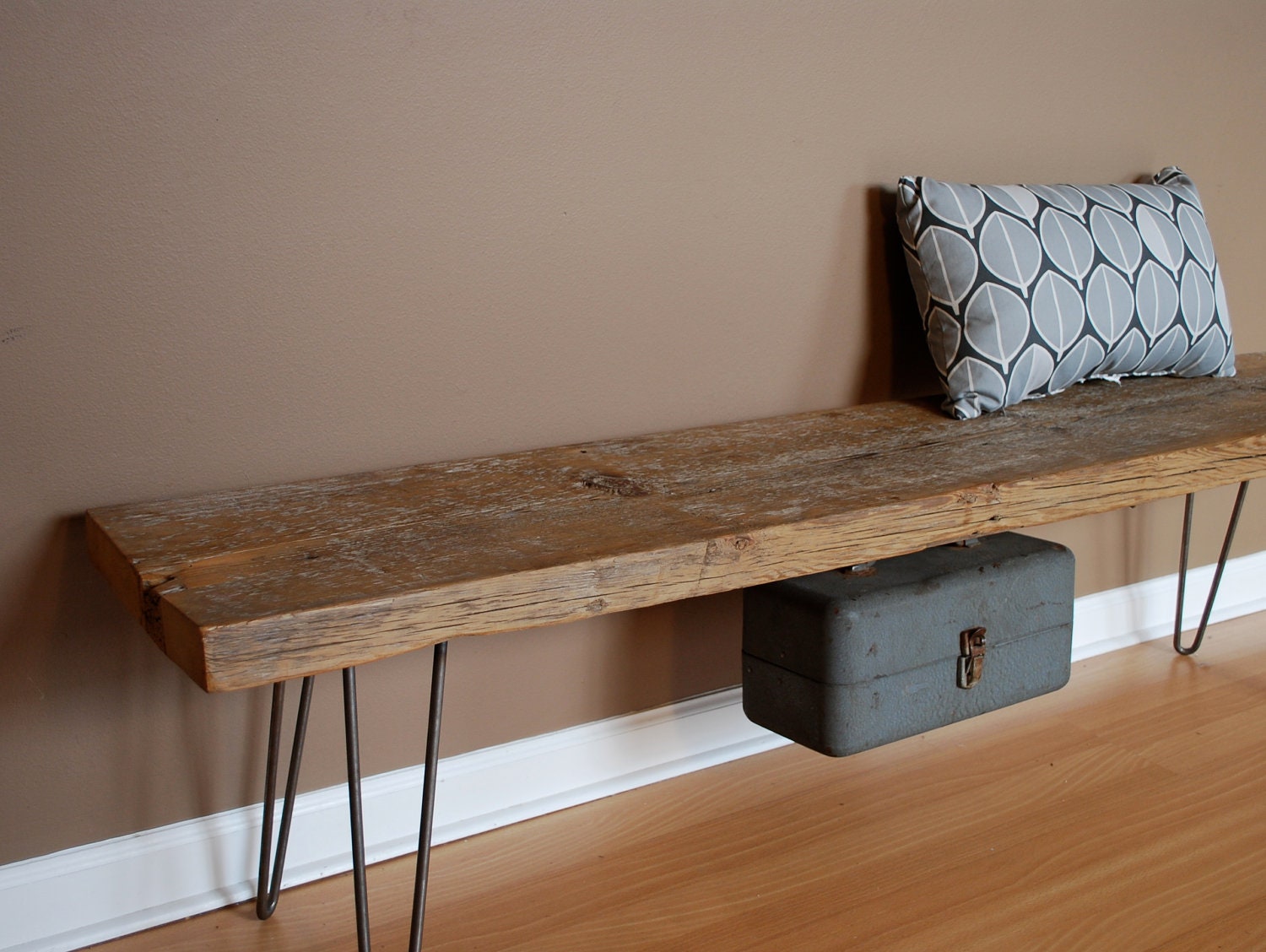 5 ft Reclaimed Wood Industrial bench w/ mid century steel Hairpin legs (1.65" Standard Top, 5ft x 11.5"w x 18"h) Ships Fast and Free