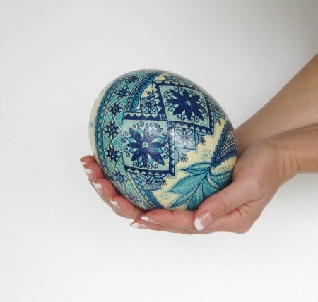 Blue Ostrich Blue Pysanka, batik egg, Ostrich egg shell, Ukrainian Easter egg, hand painted egg, Mother's Day gifts