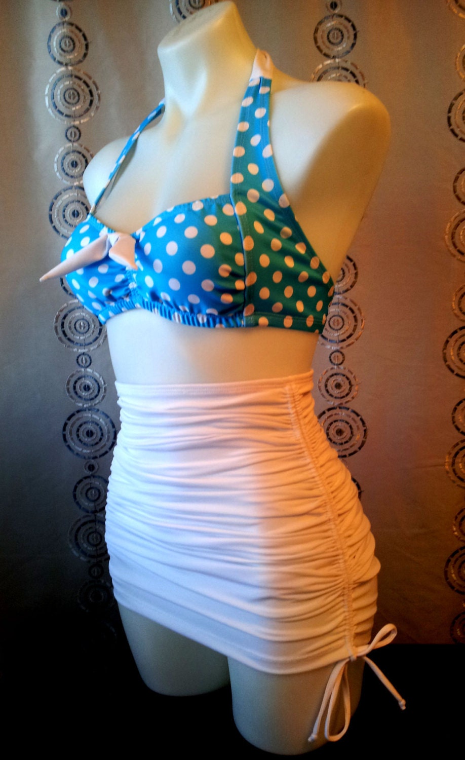 Rita Bikini  Retro Top & Attached Skirt Tummy Control bottoms in Large Aqua Dot and White