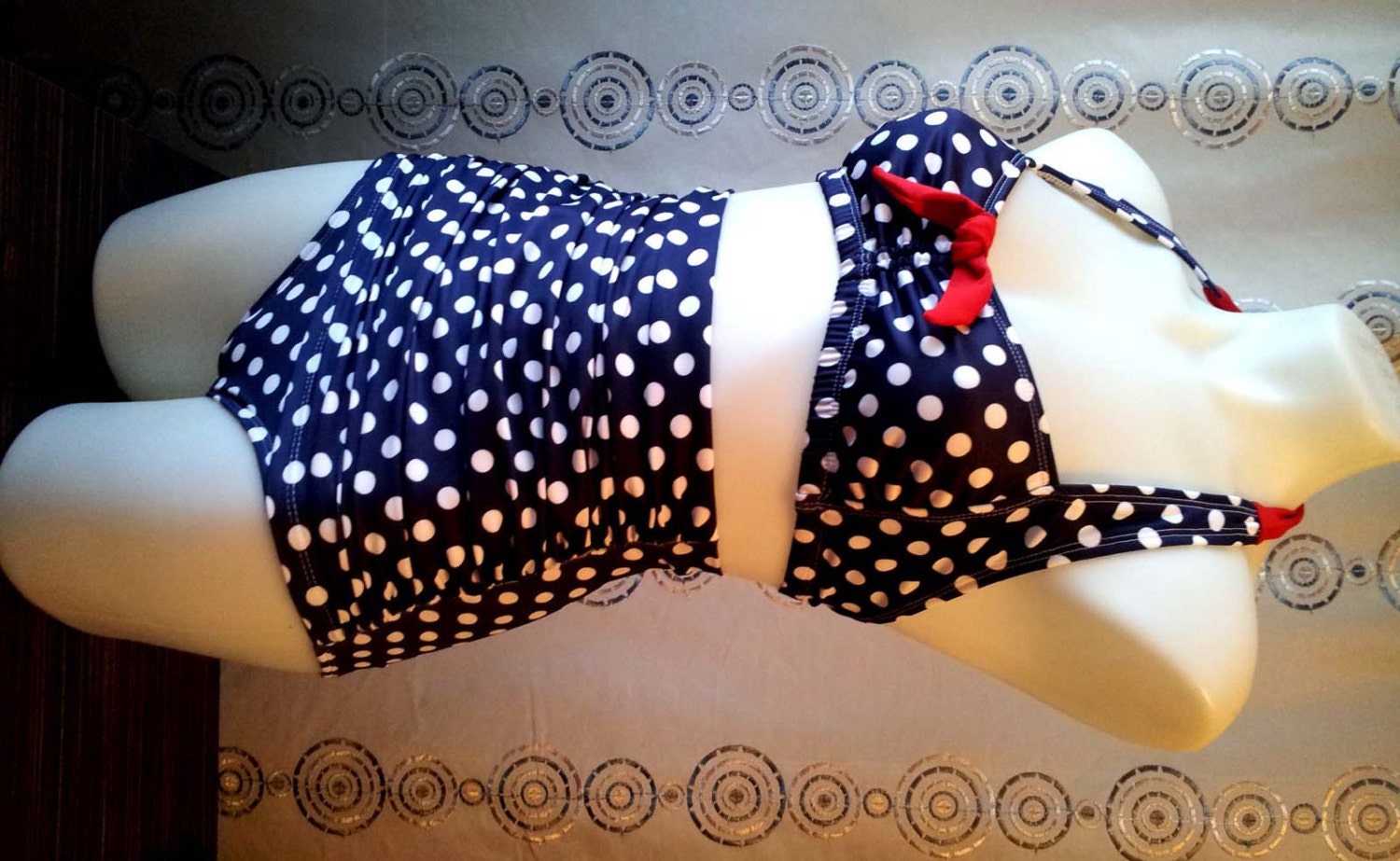 Grace Ruched front High Waist Bikini in Large Navy Dot