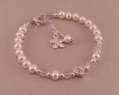 Flower Girl Bracelet, little girls jewelry, birthday gift, pink pearls, pastel, white, personalized, hearts, gifts, niece, initial