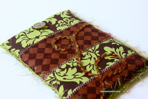 Kindle, Kindle Fire or Nook Cover - Olive Green and Chocolate Brown Damask and Checkers