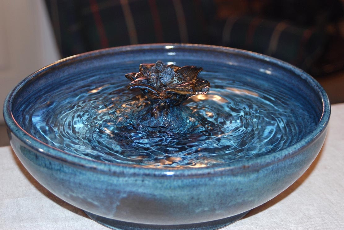 SECONDS SALE - Ceramic Cat Fountain, Handmade, Foodsafe - "Midnight Lotus" - 12 Plus Inch Diameter
