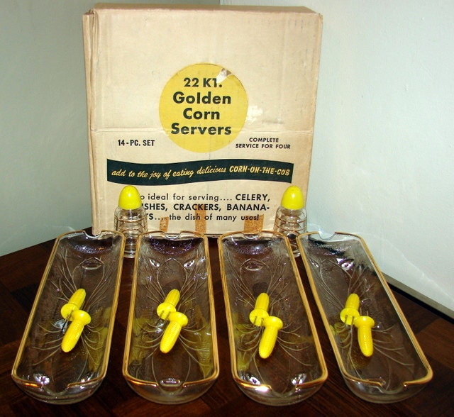 SALE 22kt Gold Trimmed Corn Server Set - Set of 14 pieces (Serves 4) 1960s