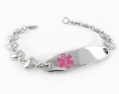 Steel Womens Medical ID Bracelet, Pink, HEART CHAIN Custom Engraved - i2C-BS6