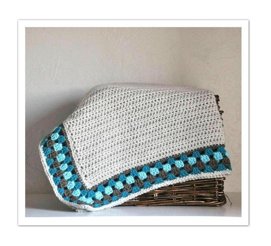 Baby Blanket  - Granny Border - Teal Brown Aqua - Fiona