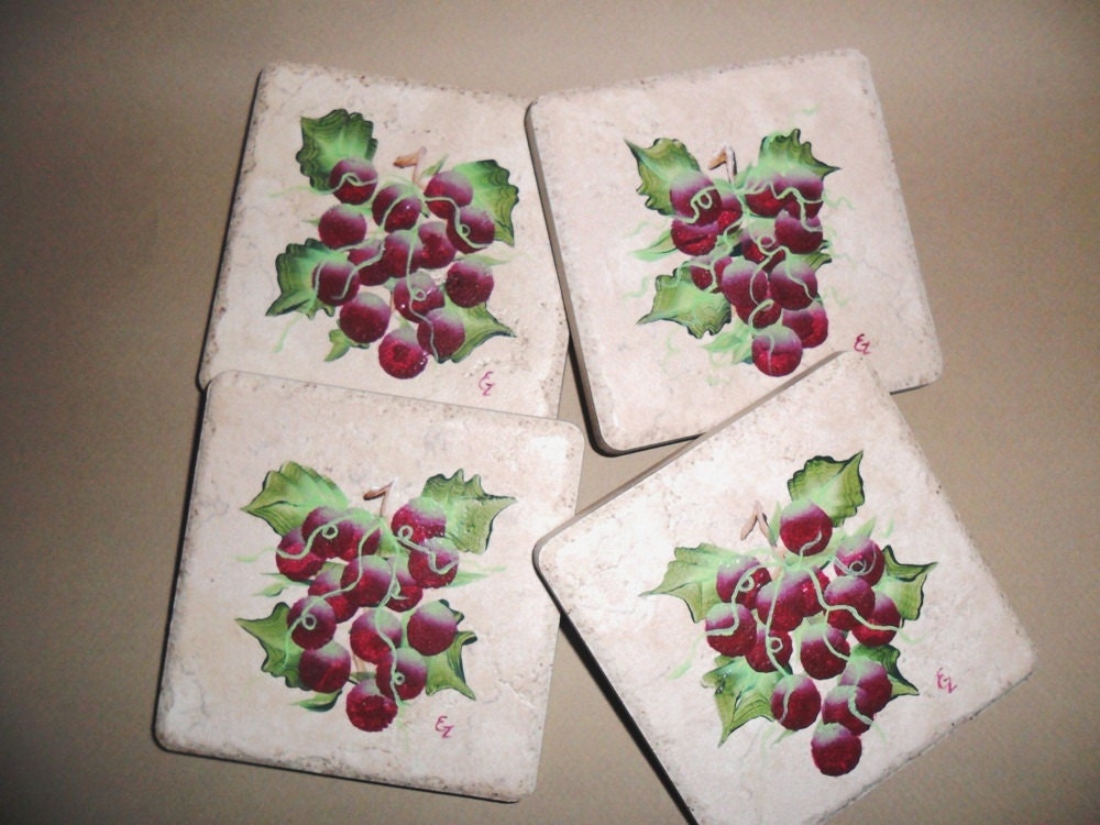 Coasters Red Grapes Hand Painted Stone Tiles Set of 4