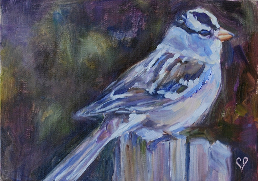 Blue bird, bird on fence,  original oil by Carol DeMumbrum