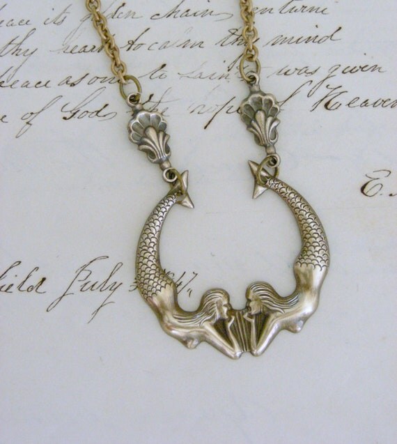 Mermaid Necklace - Twin Mermaids Vintage Retro Brass Necklace - Handmade