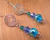 Silver Spiral Earrings with Blue Green Venetian Style Foil Beads and Crystal