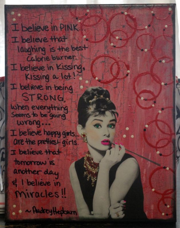 I believe in Pink - Audrey Hepburn - 11x14 Mixed Media Canvas