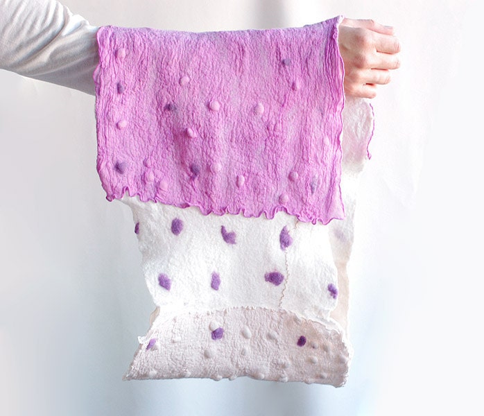 Polka dot scarf hand felted cowl in purple, pink, white wool silk nuno felted scarf