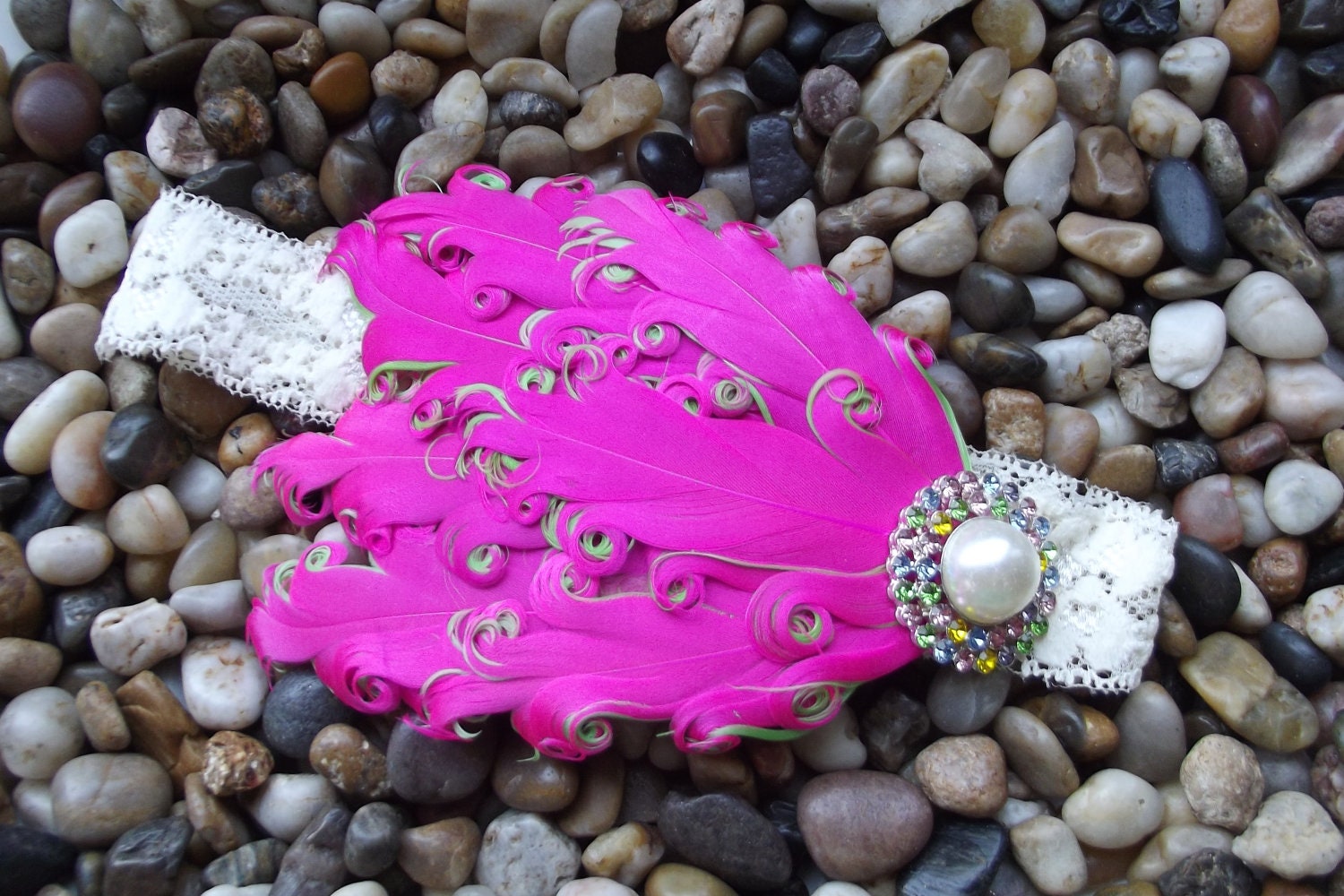 Vintage Nagorie Feather Headband Hot Pink and Green with Rhinestone Newborn Infant Girl Baby Headband Photo Prop
