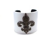 Black and White Fleur de Lis Leather Cuff Jewelry - Fleur de Lys Bracelet - French - Designer - Luxury Mardi Gras Accessory