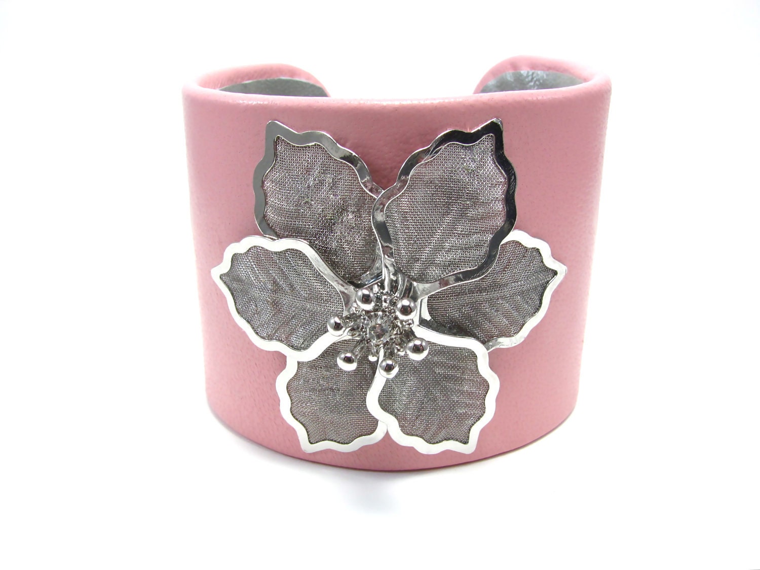 Silver Flower and Pink Leather Floral Cuff Bracelet - Spring - Summer - Fashion Accessory - Rose and Gray Jewelry