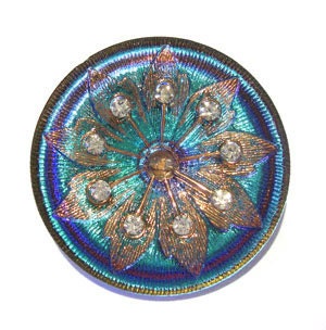 Vintage Czech Glass Button in Blue and gold with rhinestones     (E6848)  SRA-D84