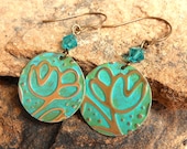 Turquoise and Moss Textured Metal Earrings,Flower Earrings,Nature Jewelry