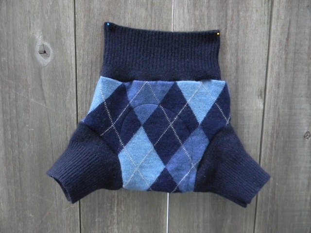 Upcycled Wool Soaker Cover Diaper Cover With Added Doubler LIL Man Argyle Blue  MEDIUM 6-12M Kidsgogreen