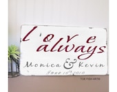LOVE ALWAYS -Custom Distressed Wedding Sign in Weather Worn White and Crimson  -Typography Word Art