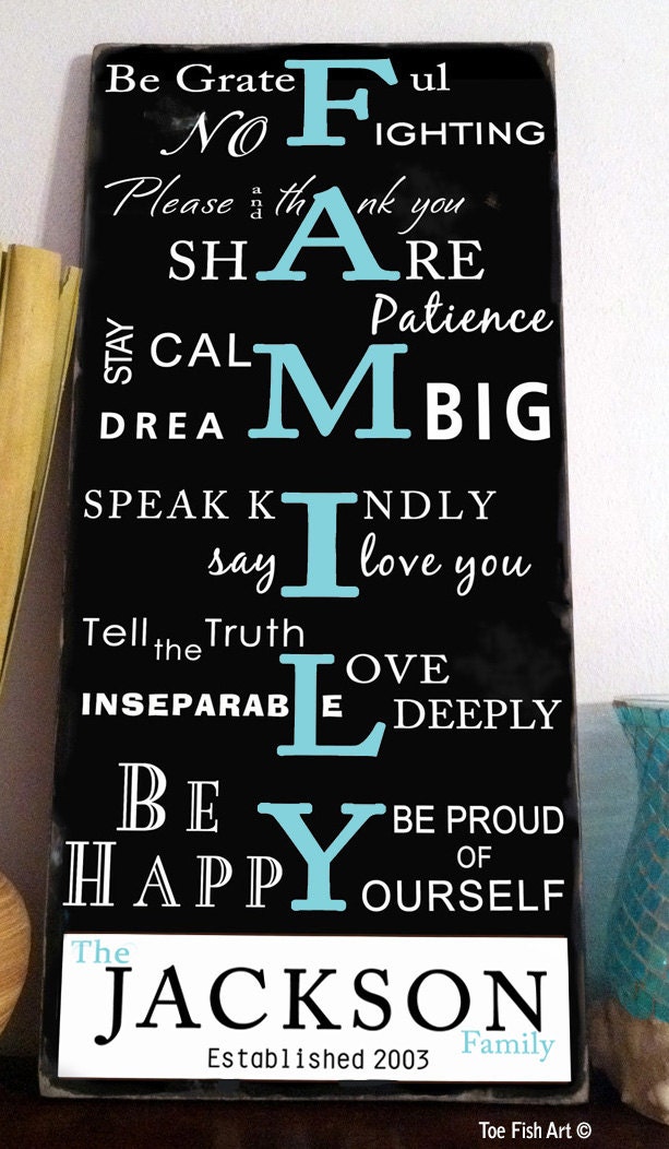 Custom FAMILY RULES  -Typography Word Art Sign on wood- Distressed -Personalize with your Family Name