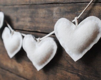 Renewable Wool Heart Bunting - Wedding Table Decoration - White Rustic Celebration