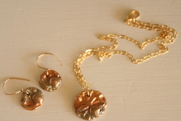 Textured Bronze and Gold Filled Necklace and Earring Set