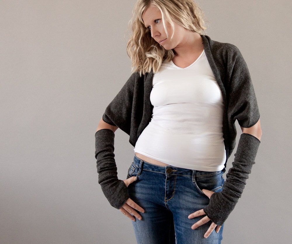 ON SALE-Cropped Shrug Cardigan in Charcoal Grey, Short Sleeved Bolero Shrug, Winter Bolero in Dark Gray Angora Jersey by MoonHalo