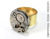STEAMPUNK Ring Clockwork Antique Benrus Watch Movement Silver and Gold Gears on Etched 14K Gold Plate Band