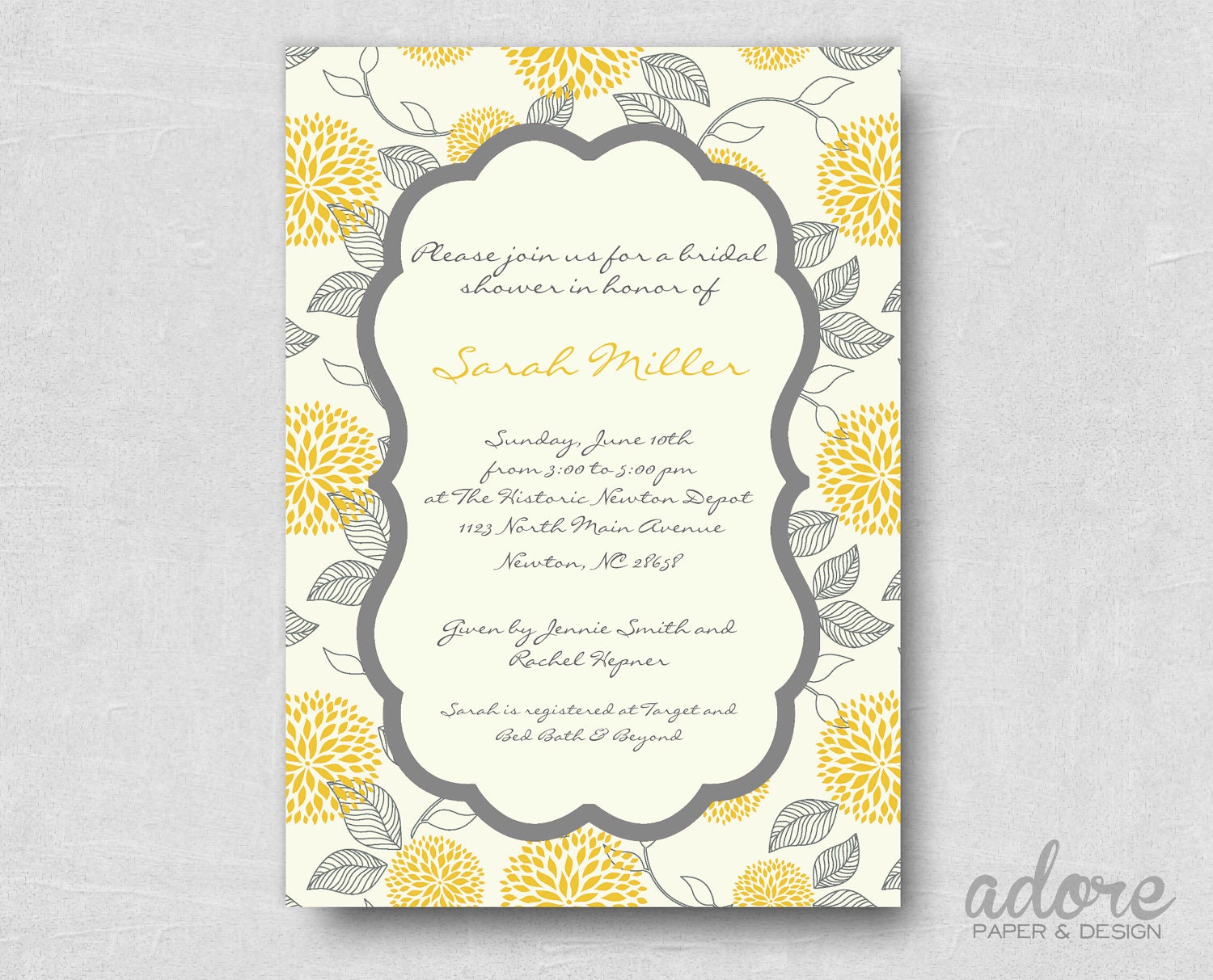 Printable Yellow & Grey Flower Bridal or Baby Shower Invitation - Choose your colors