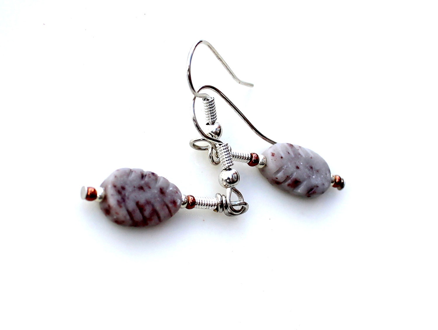 leaf earrings.  brown czech glass beads. FREE domestic SHIPPING. nature specks.