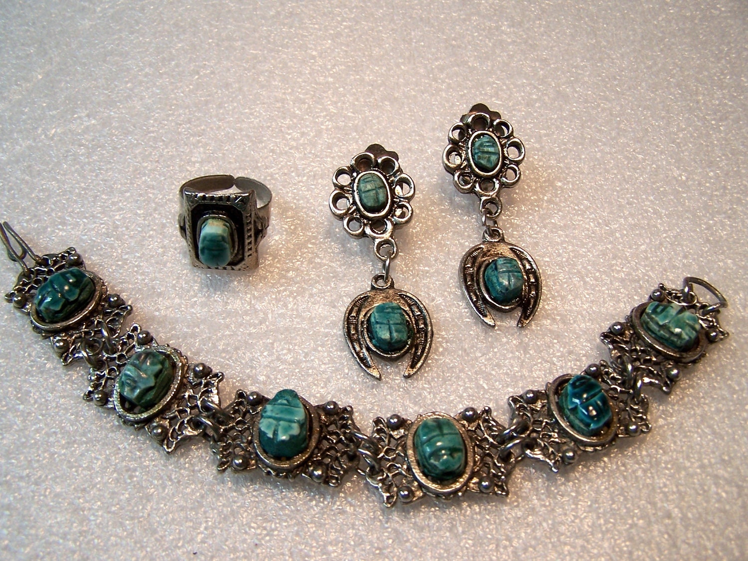 Ceramic Scarab Egyptian Ring Bracelet  and Clip Earrings