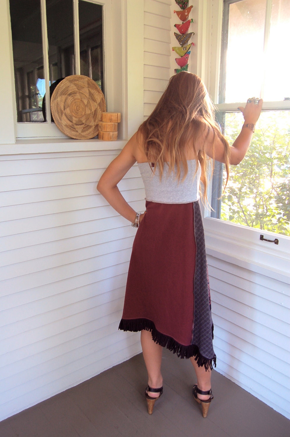 Eco tube dress or skirt,upcycled, clothing, faded black jersey, flower and bird applique, fringe, boho dress, Size S/M, by Za