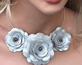 Flower statement necklace bib silver leather roses wedding 3 year anniversary gift