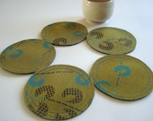 Lime Green / Teal / Brown / modern Leave Branch / Round Coasters / Set of 5 / Gift Under 25.00