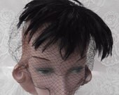 Vintage 1960s Hat Whimsy Fascinator Netting Feathers Black