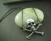 Gothic medium Crossbone SKULL silver plated brass necklace.