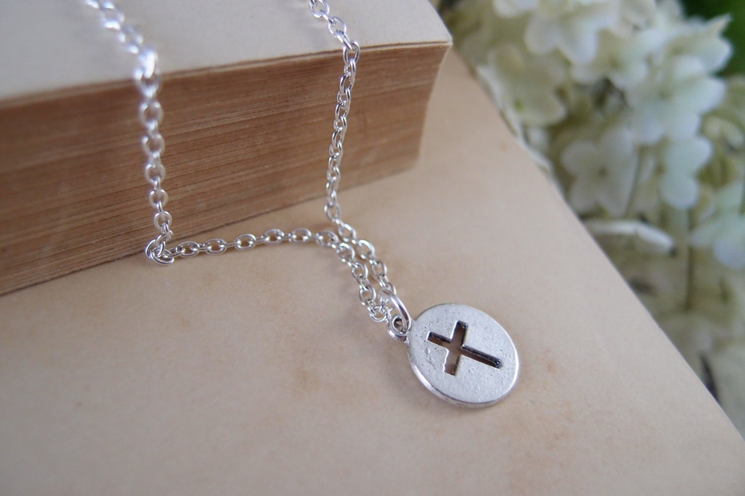Stamped cross tag disc -petite and delicate -metal necklace
