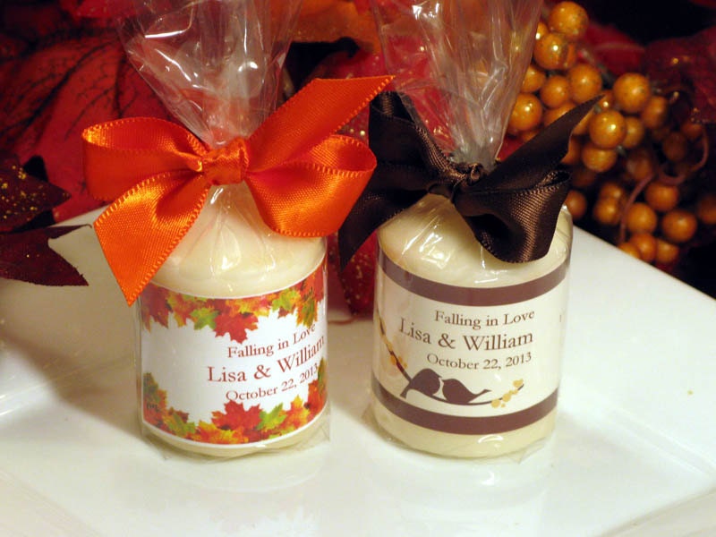 personalized AUTUMN FALL wedding candle votive favors - with SATIN ribbon