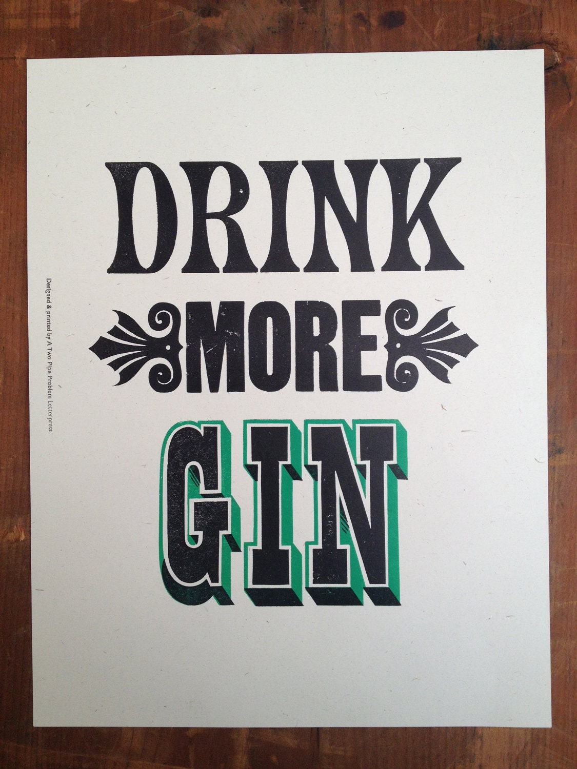 letterpress print DRINK MORE GIN