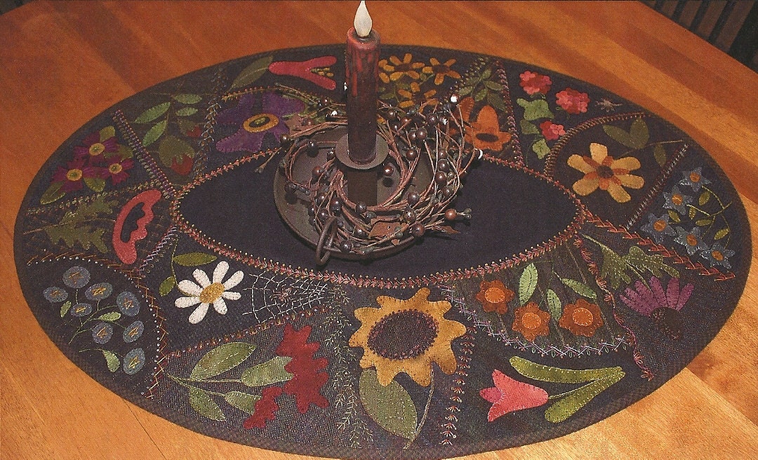 Primitive Folk Art Wool Crazy Applique Pattern:  FLOWER GARDEN CRAZY Tablemat