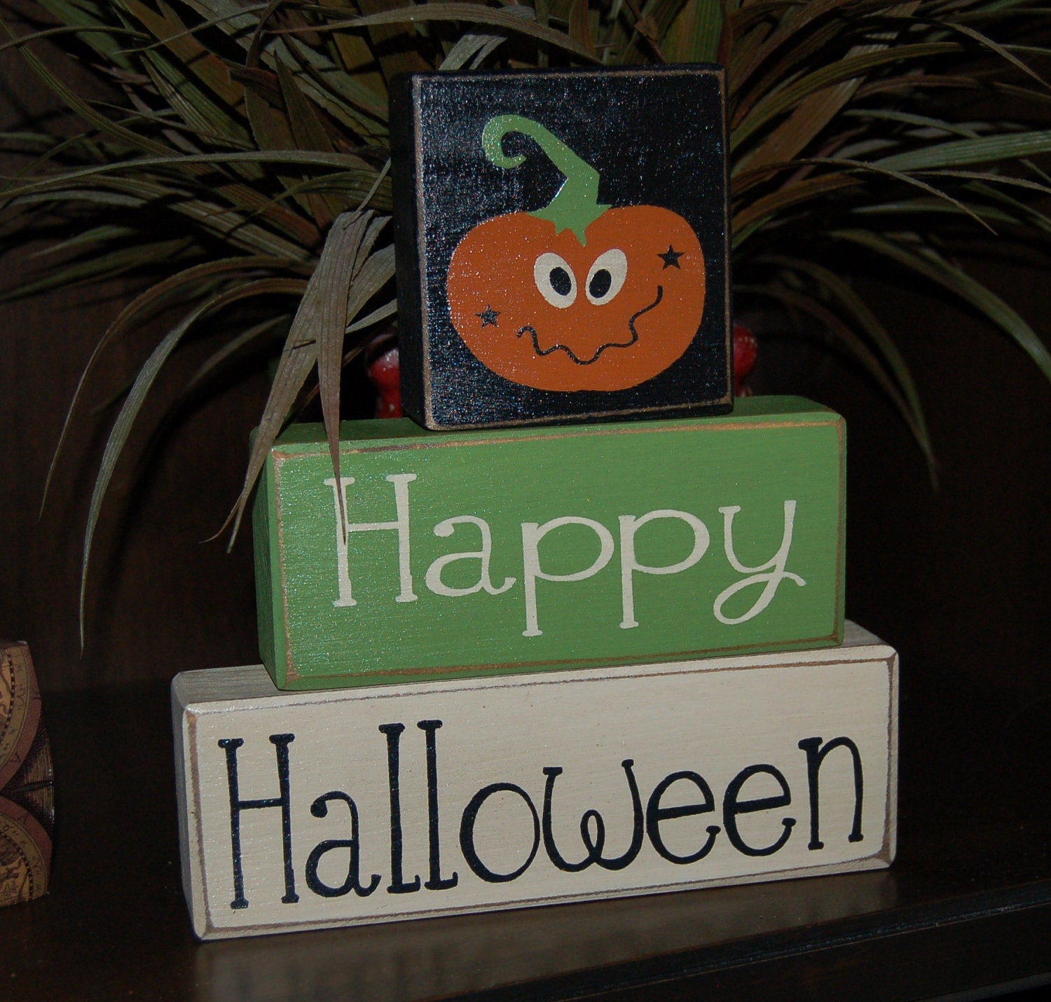 NEW Happy Halloween SWEET Pumpkin Face Wood Sign Blocks Primitive Country Rustic Holiday Seasonal Home Decor