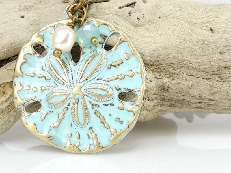 Sand Dollar Necklace Summer Jewelry Boho Chic Cottage Chic Light Turquoise Blue Pendant Vintage Style Antique Brass Distressed