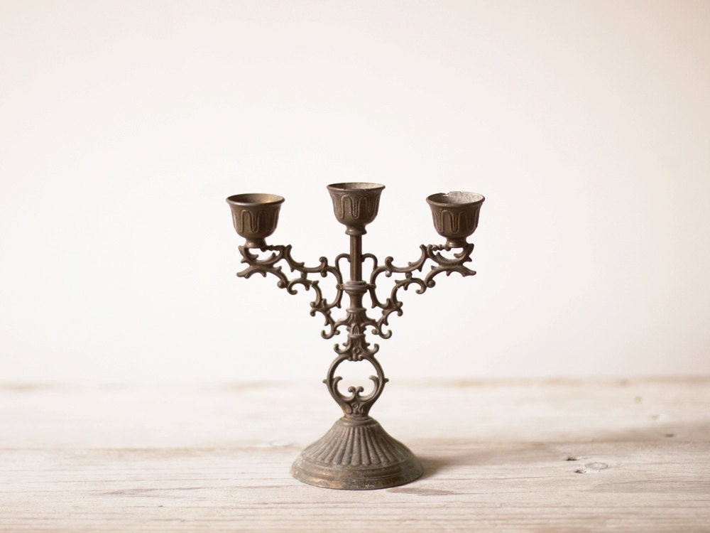 French vintage candelabra, Metal candle holder, Rustic home decor