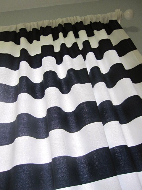 2 Curtains, Drapes, Window Curtains, Set of 2 Navy Blue and White Horizontal Stripe Curtain Panels 96 long