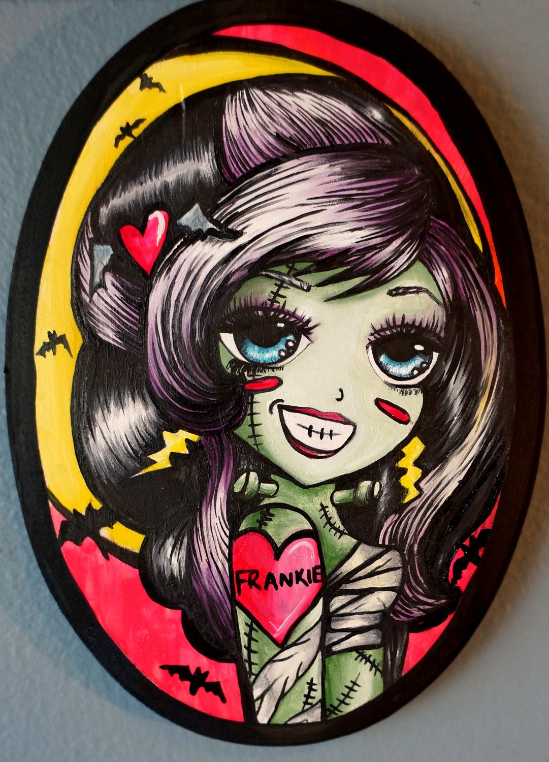 Cute Halloween Decoration  Art Frankenstein girl Big Eye Monster High Kawaii Girls Room Decor  Childrens art Oil  Painting
