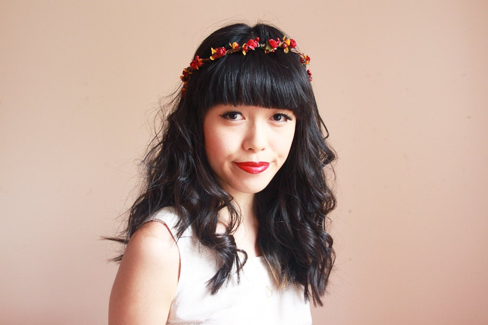red dainty hair wreath / fall rose headpiece, bridal accessory, dainty flower crown, headband, circlet, woodland