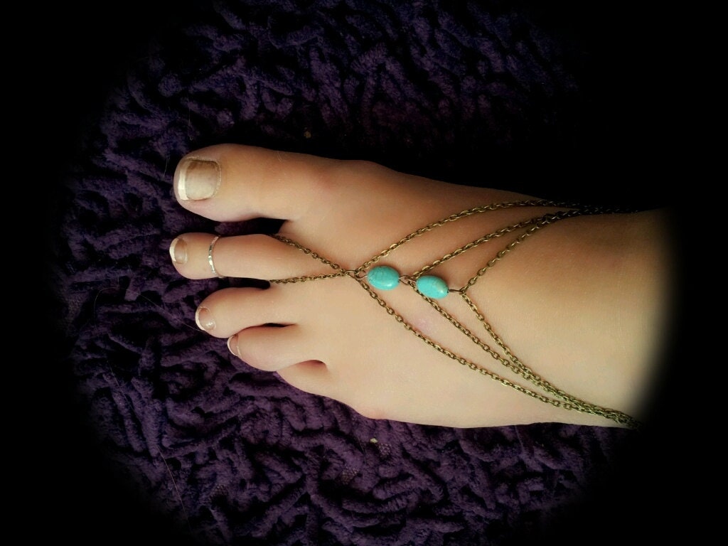 Boho Slave Barefoot Sandal Foot Bracelet Bronze Chain Bohemian Two Turquoise Beads Three Strand Foot Jewellery Barefoot Sandles Tribal