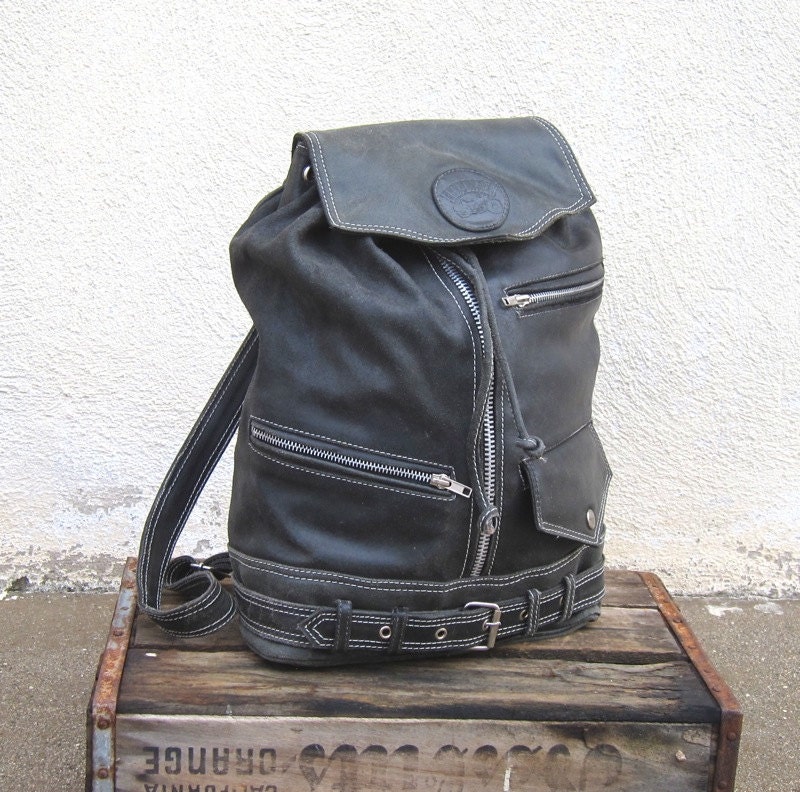 Vintage Rugged Motorcycle Jacket Black Leather Backpack