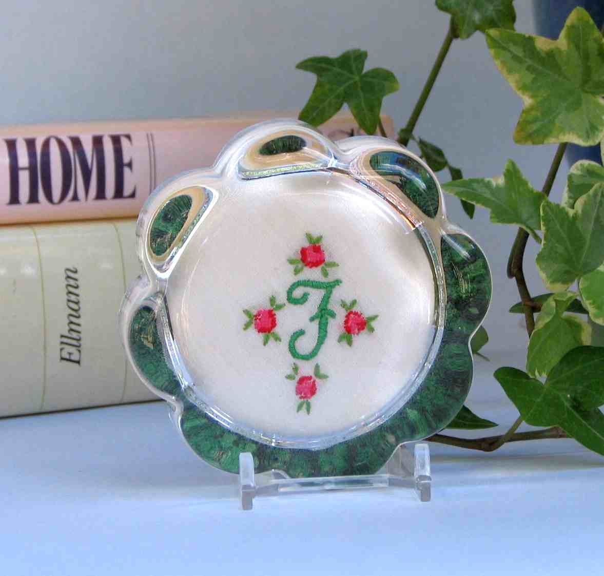 F monogram paperweight, vintage embroidery, roses, Mother's Day,  bridesmaid gift, gift for her, green and red